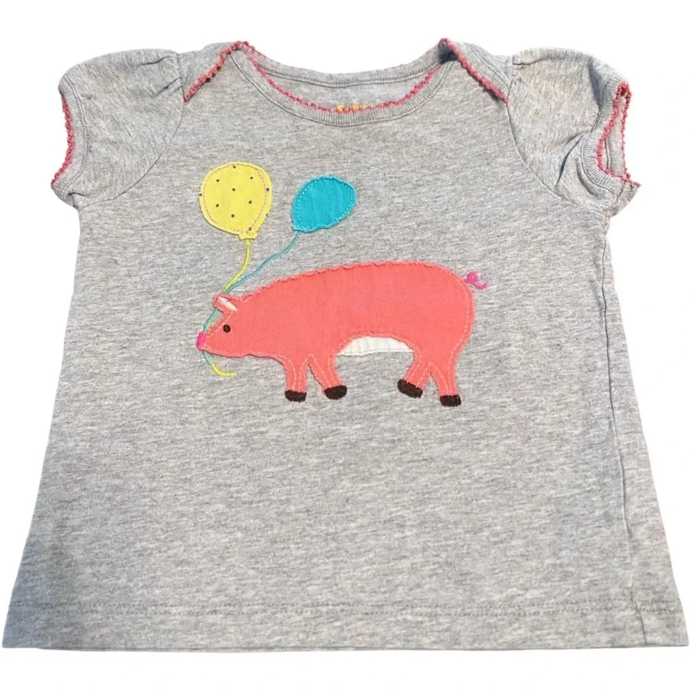 Baby Boden Pig Balloon Appliqué‎ Short Sleeve Tee Shirt 6-12M Pink Baby Top